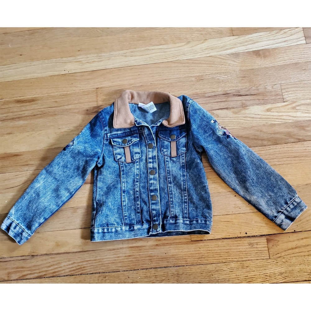 Little Lass Girls Acid Wash Denim Jacket Floral Embroidered Size 5 Tan Collar
